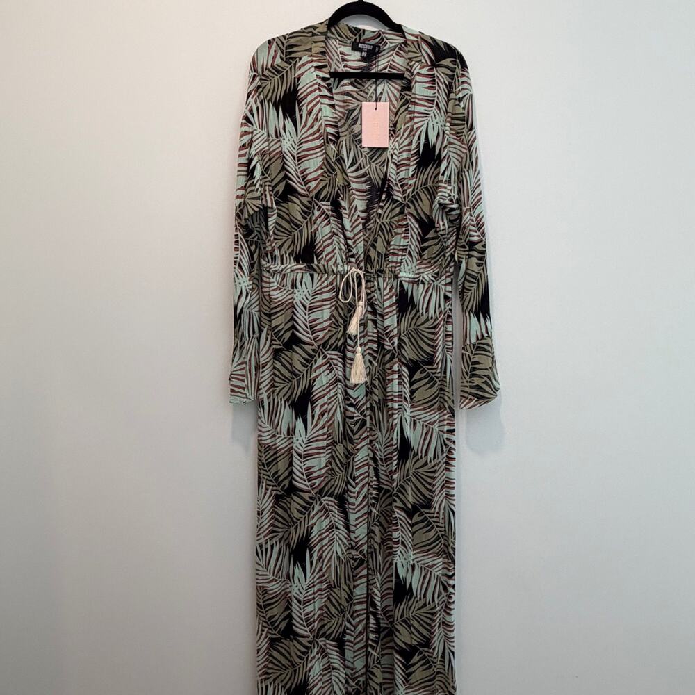 Missguided Plus US 16 Tropical Palm Leaf Kimono Maxi Duster Drawstring Coverup